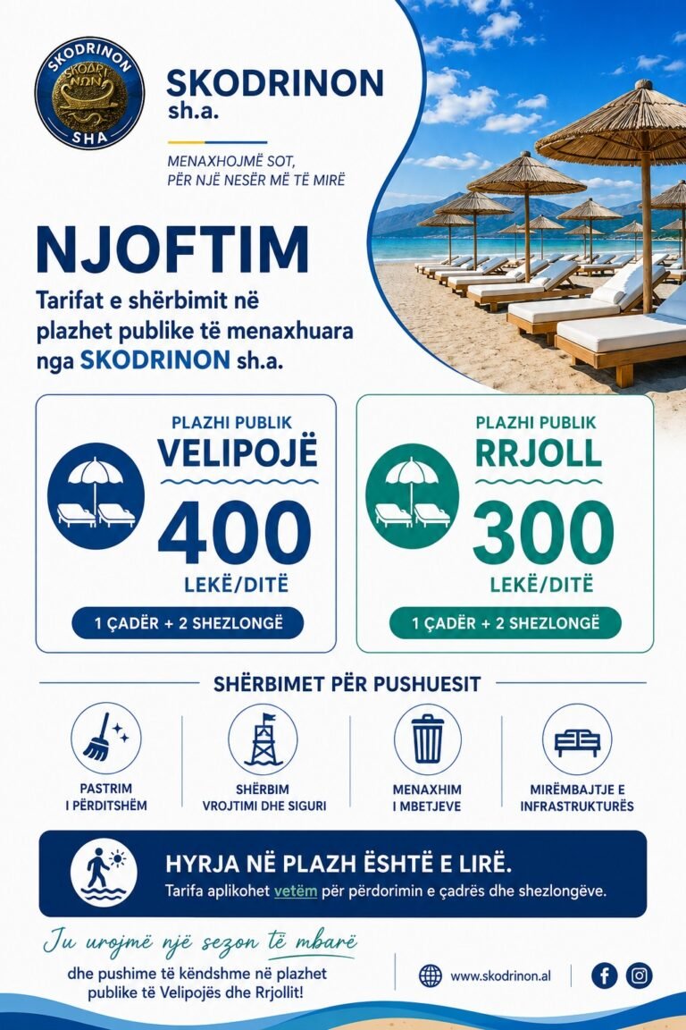 Tarifat e shërbimit në plazhet publike të menaxhuara nga SKODRINON sh.a.